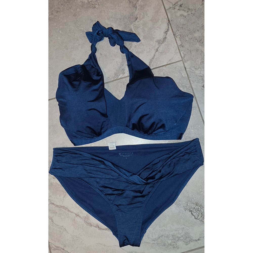 Athleta Deep Blue Bikini Set Halter Underwire Two Piece Swimsuit 36D/DD/Large